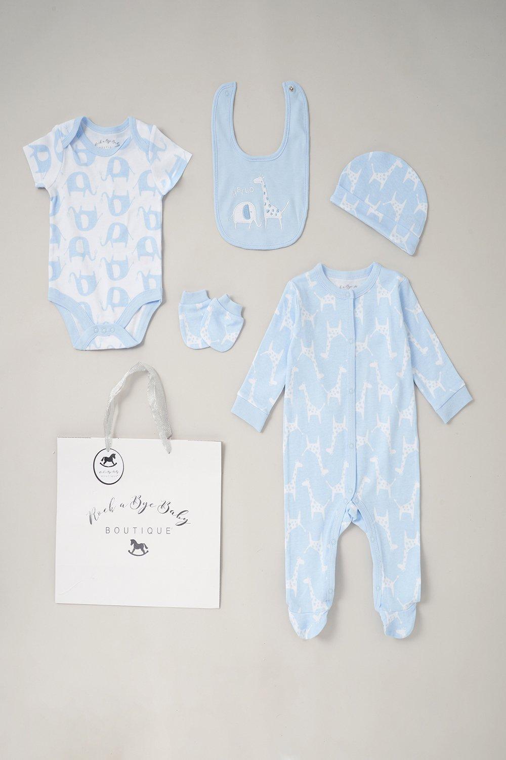 Giraffe and Elephant Print Cotton 5-Piece Baby Gift Set